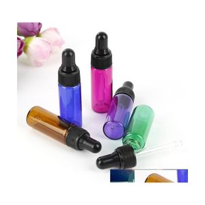 Paketleme Şişeleri Toptan Mavi Yeşil Mor Kırmızı Kırmızı Amber Mini Cam 5ml Numune Pipet Damlası Siyah Kapaklar ile Siyah Kapak Damlaya Hazır Dhreo