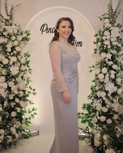 Boncuklu Gümüş Gri Gelin Elbiseleri Anne Uzun Kollu Zemin Uzunluğu Prom Elbise akşam Vestidos Resmi Elbise