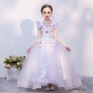Güzel mor balo prenses çocuklar gelinlik dantel aplikeler inci uzun tren kızlar yarışmada elbise tül çiçek 3d çiçek kız cemaat elbise 403