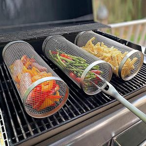 Stainless Steel Barbecue Cooking Grate Mesh Rotation Cylinder Cage Camping Picnic Cookware Outdoor Round BBQ Net Tube Campfire Grill Rolling Basket MHY016