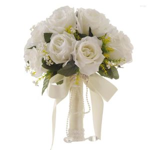 Flores decorativas Meldel Bouquet Bride Wedding Flower Bridesmaid Artificial Silk Rose Branca Fake Pearl Crystal Party Prom Supplies