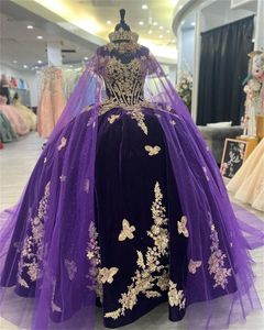 Luxury Butterfly Appliques Off The Shoulder Purple Velvet Quinceanera Dresses With Cape Ball Gown Dress 18th Birthday Debut