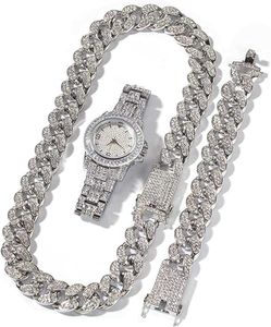 Moca mücevher erkekler hip hop buz parlayan kolye bilezik saat seti tüm elmas kristal rhinestone set takı seti 18K altın kaplama Küba zinciri 20mm genişliğinde 3 parçalı set