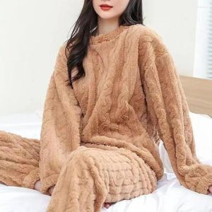 Kadınların İki Parçası Pantolon Düz Renk Pijama Seti Yumuşak Rahat Pijama Şık Konforlu Kış Sıcak Peluş Peluş 2 Parçalı Kadınlar için Sonbahar