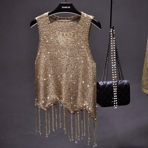 Kadın Tankları Camis Seksi Parlak Altın Gümüş Örgü Tank Tops Kadınlar Bling Pullu Tasseller Tüm Neon Mağaza Giysileri Kore 230426