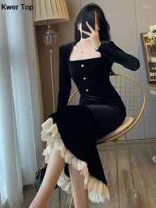 Sıradan Elbiseler Vintage Bodycon Velvet Deniz Kızı Partisi Kadınlar Zarif Dantel Patchwork Akşam Balo Vestidos Kadın Sonbahar Kış Giysileri