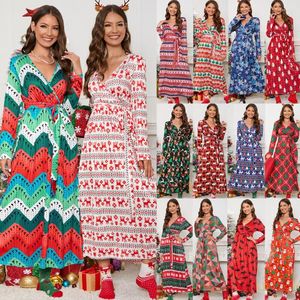 Günlük elbiseler Noel elbise Noel Baba Ren Geyiği Kar Tanesi Baskılı Kadınlar V Boyun Uzun Kollu Maxi Hediyeler Kızlar için Parti Giysileri