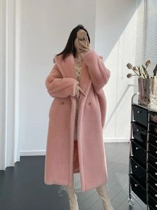 Женское пальто из искусственного меха дымчато-розового цвета с плюшевым мишкой, длинное пальто из шерсти Тедди из альпаки, женское 231127