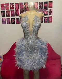 Gray Sheer O Neck Short Prom Dress For Black Girl Beaded Crystal Diamond Birthday Party Dresses Feather Mini Cocktail Homecoming