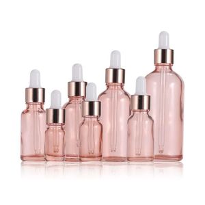 Pembe Cam Boğaz Şişesi 5-100ml Aromaterapi Sıvı Temel Temel Parfüm Tüpleri Masaj Yağ Pipeti Doldurulabilir Şişeler Larsc