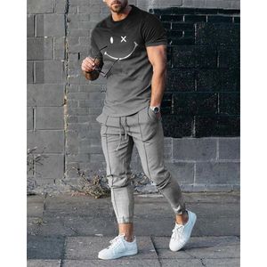 Erkek Trailtsits Yaz Men's T Shirt Seti Kısa Kollu Takip Günlük Sıradan 2 Parça 3D Gülümseyen Yüz Baskı Moda Serin Sokak Giyim Takımı 230428