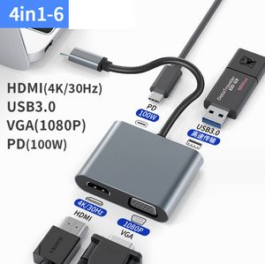Концентратор, совместимый с 4K Type C к HDMI, док-станция 4 в 1, адаптер USB C 3,0 VGA PD для ноутбука, телевизора, ПК, кабель-адаптер