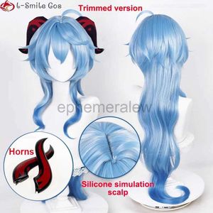 Anime Kostümleri Yeni Ganyu Cosplay Wig Genshin Etki Ganyu 95cm Uzun Mavi Gradyan Kesilmiş ısıya dayanıklı saç sevimli peruklar + peruk kapağı zln231128