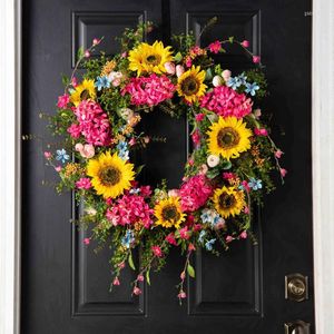 Dekorativer Blumen-Imitat-Sonnenblumen-Sonnenblumen-Kranz für Haustür, rot und gelb mit grünen Blättern, Frühlings-Wand-Heimdekoration