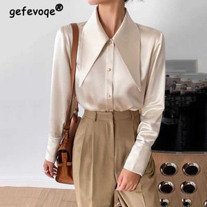 Kadınlar bluz gömlekleri uzun kollu beyaz saten bluz kadınlar sonbahar moda gevşek vintage düğme gömlek kadın giyim Koreli şık yaka ofis bayan üstleri p230427