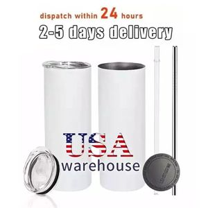 USA CA Stock 20OZ Sublimation Tumbler Blanks Stainless Steel Water Bottles Sublimation Straight Mug with Straw 0428