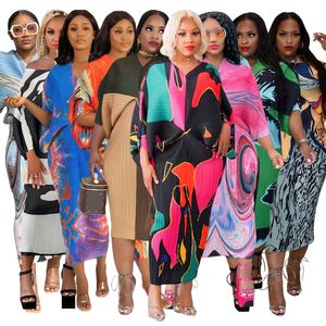 Yeni Tasarımcı Baskı Pileli Elbiseler Yaz Kadınları Güzel Fener Batwing Kol Vastık Giydir Elbise Moda Şık Zarif Elbise Partisi Giyim Vestidos Giysileri 9805