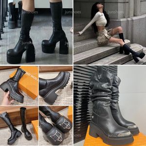 Gizli Botlar Çıplak Wolfe Kadınlar Spice Streç Botlar Lüks Scar Siyah Calfskin Streç Stabil Platform Botlar Tasarımcı Moda Elastik Botlar Boyut 35-40