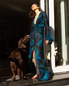Sıradan Elbiseler Kadın Şifon Ruffles Baskılı örtbas elbise plaj yaz seksi bölünmüş tatil bikini ile maxi robe 2023 kulüp
