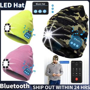 Вязаная шапка со светодиодной подсветкой, 300 мАч, шапка-бини с 3 передачами, хип-хоп, Bluetooth-совместимые наушники, музыкальные шапки для рыбалки 231128