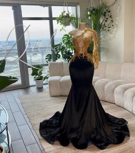 One Shoulder Long Sleeve Gold Applique Prom Dress for Black Girl 2024 Sparkly Gillter Mermaid Birthday Reception Gown robe de bal