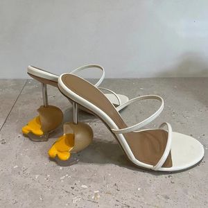 Sapatos de vestido Ovo quebrado deslizamento em senhoras sandálias de salto de metal desfile de moda mulheres feitas à mão de couro genuíno sandalias de mujer verano 2023 231127