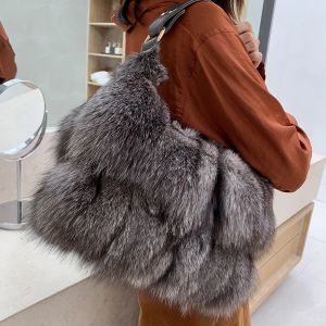 Kadınlar kış gerçek tilki kürk el çantası lüks orijinal kürk parti çanta tote tasarımcısı yüksek kaliteli gerçek gümüş tilki kürk çanta kadın