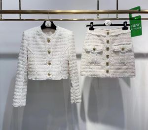 Boucle tweed ceket blazer + mini etek tüvit beyaz elbise lüks el yapımı kısa mini elbise kızlar için sıcak pembe kısa ceket yaz takım elbise mükemmel parti elbise