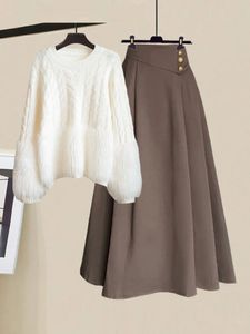 Базовые повседневные платья, осенне-зимний аромат, роскошный комплект из двух предметов для женского наряда, корейский вязаный свитер Sofy, комплекты с юбками трапециевидной формы с высокой талией 231128