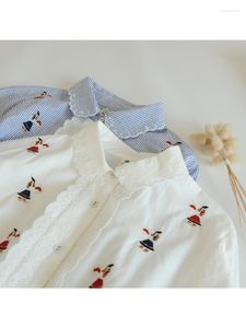 Blusas femininas lamtrip unaqiue dançarina desenho animado bordado bordado cacho ponto listrado algodão de manga longa blusa 2023 mora mori top
