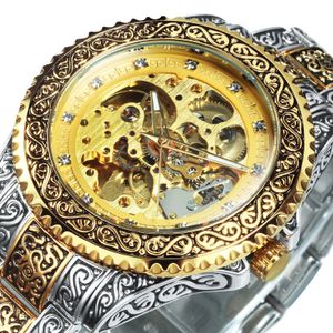 Bilek saatleri kazanan altın iskelet mekanik saat erkekler otomatik vintage kraliyet moda oyulmuş otomobil bilek saatleri en iyi marka lüks kristal 231128