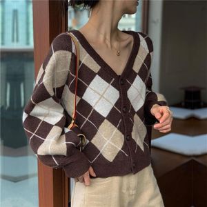 Женские трикотажные трикотаж винтажный Argyle Contrast Color Colord Cardigan V-образный выстрел.