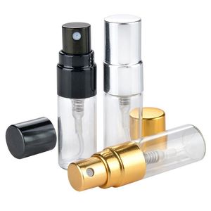 3ml Seyahat Doldurulabilir Cam Parfüm Şişesi UV Püskürtücü Kozmetik Pompası Sprey Atomizer Gümüş Siyah Altın Kapağı MNSFV