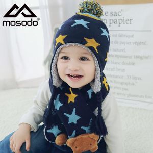 Beralar sevimli örgü pamuk yün şapka bebek şapkası kalın sıcak kız çocuk beanie kış kulak çocuk bonnet atma eşarp seti