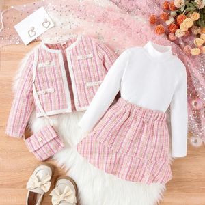 Giyim Setleri FocusNorm 4-7y Moda Toddler Kız Kıyafetleri 4 PCS Uzun Kollu Ekose Ceket Bultlenek Katı Üstler Mini Etek Çanta