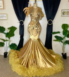 Gold High Neck Long Prom Dress For Black Girls 2024 Feathers Ruffles Birthday Party Dresses Evening Gowns Beaded Crystal Gown