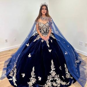 Navy Blue Quinceanera Dresses With Warp 2024 Off The Shoulder Velvet Sweet 16 Dress Gold Appliqued Butterfly Vestidos De 15 Anos