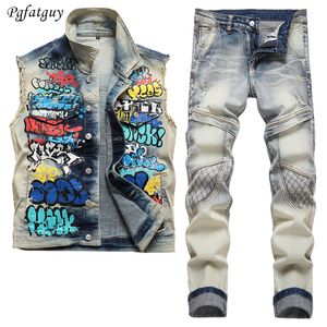 Ретро синий мотобайкерский джинсовый комплект из 2 предметов для мужчин, свободный повседневный джинсовый жилет с граффити и узкие байкерские брюки с рваной строчкой, винтажная уличная одежда
