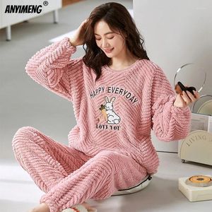 Kadın pijama balıkçılığı kalın mercan polar kış kadın pijama set uzun kollu kabarık oyuncak ev kıyafeti gündelik kız kadife pijamas