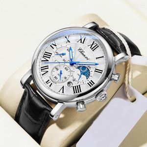 Armbanduhren Casual Dress Watches Herren Chronograph Kalender Echtes Leder Business Fashion Silber Herren Armbanduhr