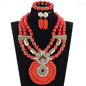 Комплект ожерелья и серег, нигерийские свадебные коралловые бусины, ювелирные изделия, массивный нагрудник с кристаллами, африканский костюм невесты CG014