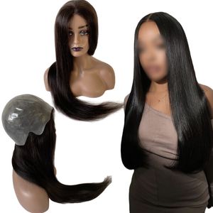 22 inches Long European Virgin Human Hair Silky Straight Natural Color Full Skin PU Wig for Black Woman
