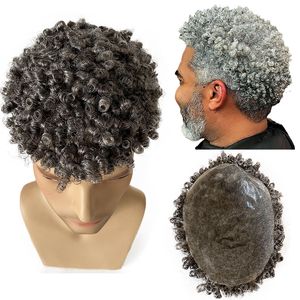 Brazilian Virgin Human Hair Replacement 10mm curl #1b50 Grey Skin Knots PU Toupee 8x10 Male Unit for Old Black Men