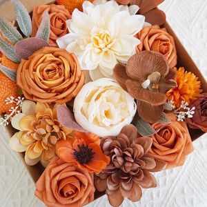 Flores decorativas yan outono caixa de combinação artificial para diy buquês de noiva outono flor laranja com hastes arranjo decoração do bolo