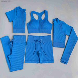 Yoga Stripes 2 3 5PC Women's tracksuit Seamless Yoga Set Workout Sportswear Gym Clothing Drawstring High Waist Leggings Fitness Sports SuitsL23118L23118