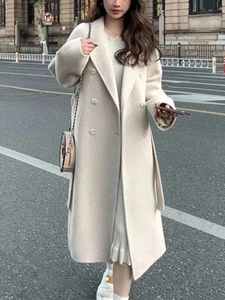 Kadın Yün Karışımları Kore Moda Kadınlar Sıradan Gevşek Yünlü Ceket Zarif ve Şık Katı Dış Giyim Uzun Palto Kuşaklı Kadın Sıcak Pelerin 231129