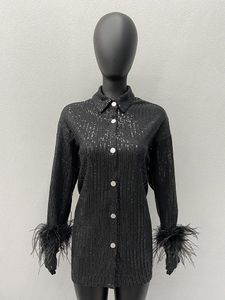 Kadın bluzları tüylü paylar manşet moda kadınlar vintage gömlekler seksi kulüp parti parıltı üst kadın uzun kollu düğme gömlek