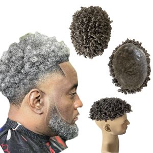 Indian Virgin Human Hair Replacement 10mm curl #1b50 Grey Skin Knots PU Toupee 8x10 Male Unit for Old Black Men