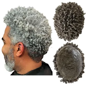 Indian Virgin Human Hair Replacement 10mm curl #1b50 Grey Thin Skin Knots PU Toupee 8x10 Male Wig for Old Black Men