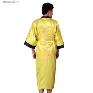 Erkek Robes Rrsible Siyah W Çinli Erkekler Saten Robe Gown Geleneği Ejderha Ejderha Slewear Kimono Bathrobe S M L XL XXL XXXL L231130